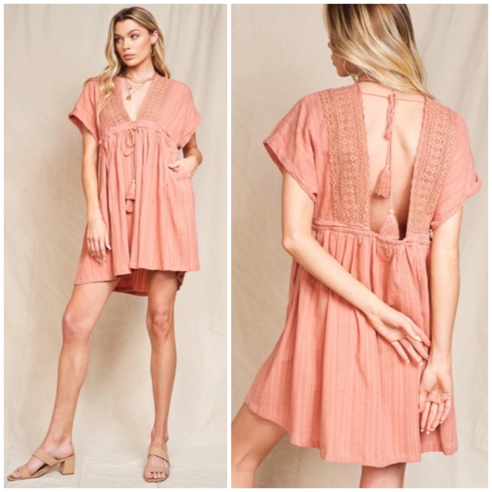 SOLD OUT Clay Cover Up Style Crochet Boho Swingy Dress w/ Tassel Trim Tie Casual - Picture 1 of 8